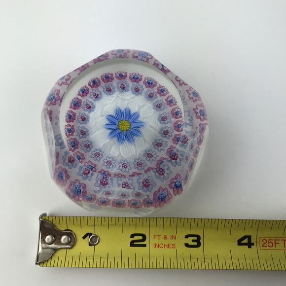Perthshire 1996B Blue Flower on Lace Floral Pink Daisy Canes Faceted Paperweight - Picture 9 of 13